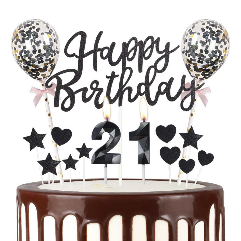 Black 21st Birthday Candle,Black Happy Birthday Cake Topper, Black Balloons, Black Number 21 Candles for Cake, Black Candles Cake Toppers for Girls Boys Women Men's Birthday Party Decorations Supplies