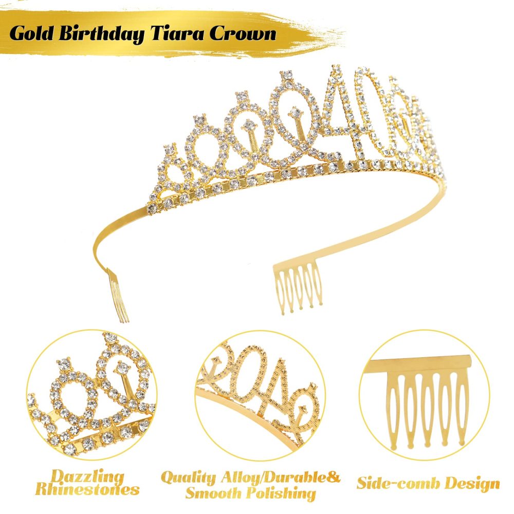 40th Birthday Sash and Tiara Crown Gold 40th Sash Rhinestone Tiara Crown 40th Birthday Number Candles Cake Toppers for Women 40th Birthday Gift Party Decorations Supplies - Image 6