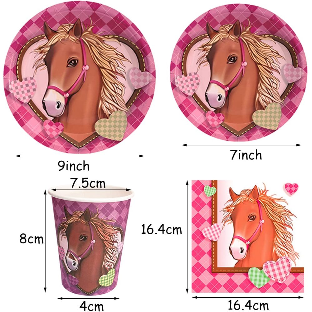 Horse Party Decorations 64 Pcs Horse Tableware Set Party Reusable Tableware Plates Paper Cups Napkins for Girls Kids Birthday Dinner Dessert Baby Shower Pink - Image 3