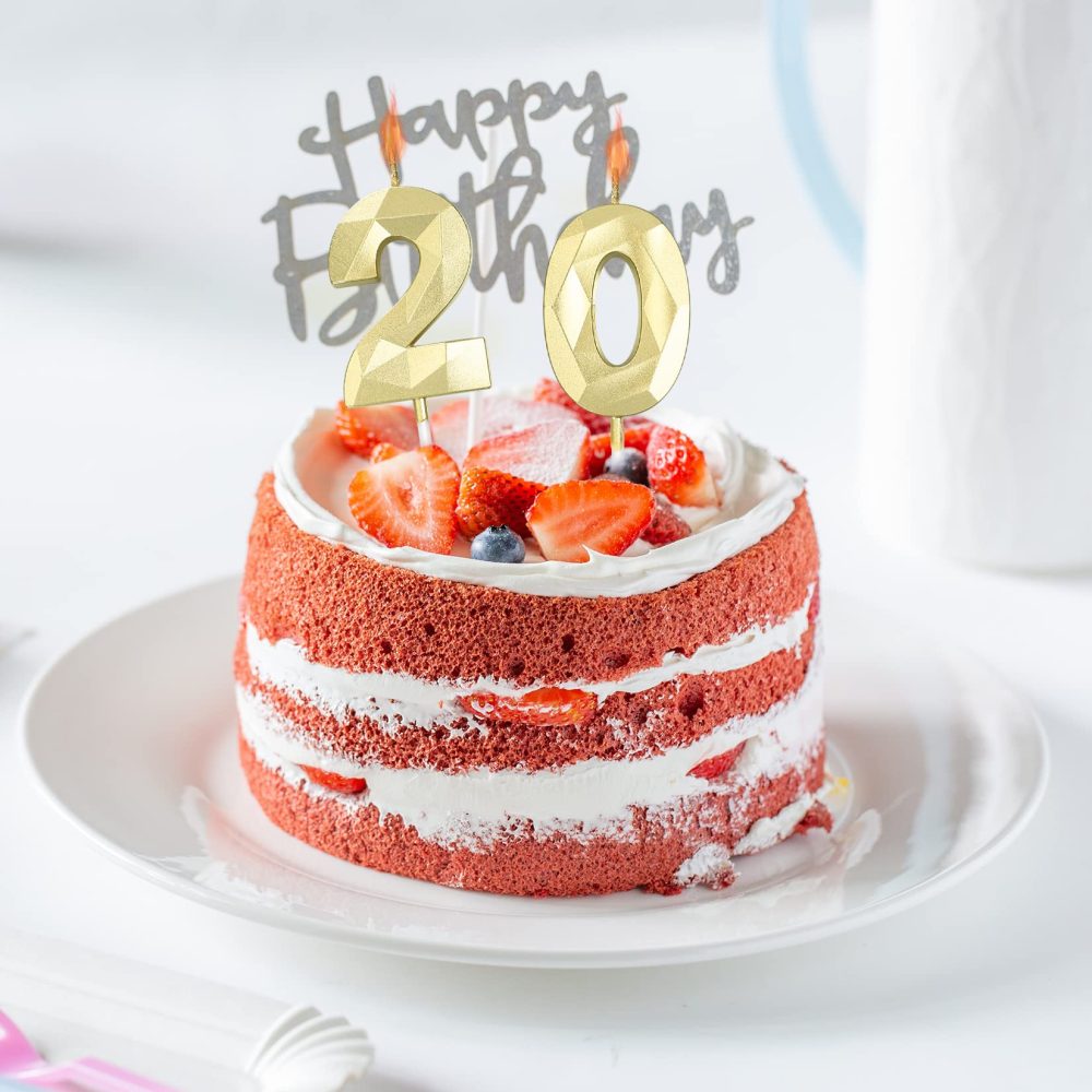 20th Birthday Candles, 20th Birthday Cake Number Candles, Gold 3D Happy Birthday Cake Topper Decorations Candles, for Birthday Party Wedding Anniversary Celebration Decorations Candles - Image 4