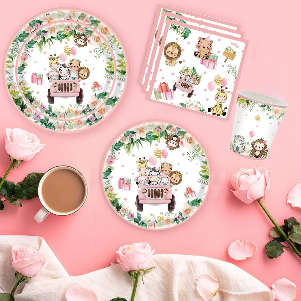 Jungle Safari Theme Birthday Party Supplies Pink Safari Jungle Animal Tableware Set Inlcude Plates Napkins Cup Girls Birthday Party Baby Shower Party Decoration Supplies - Image 3
