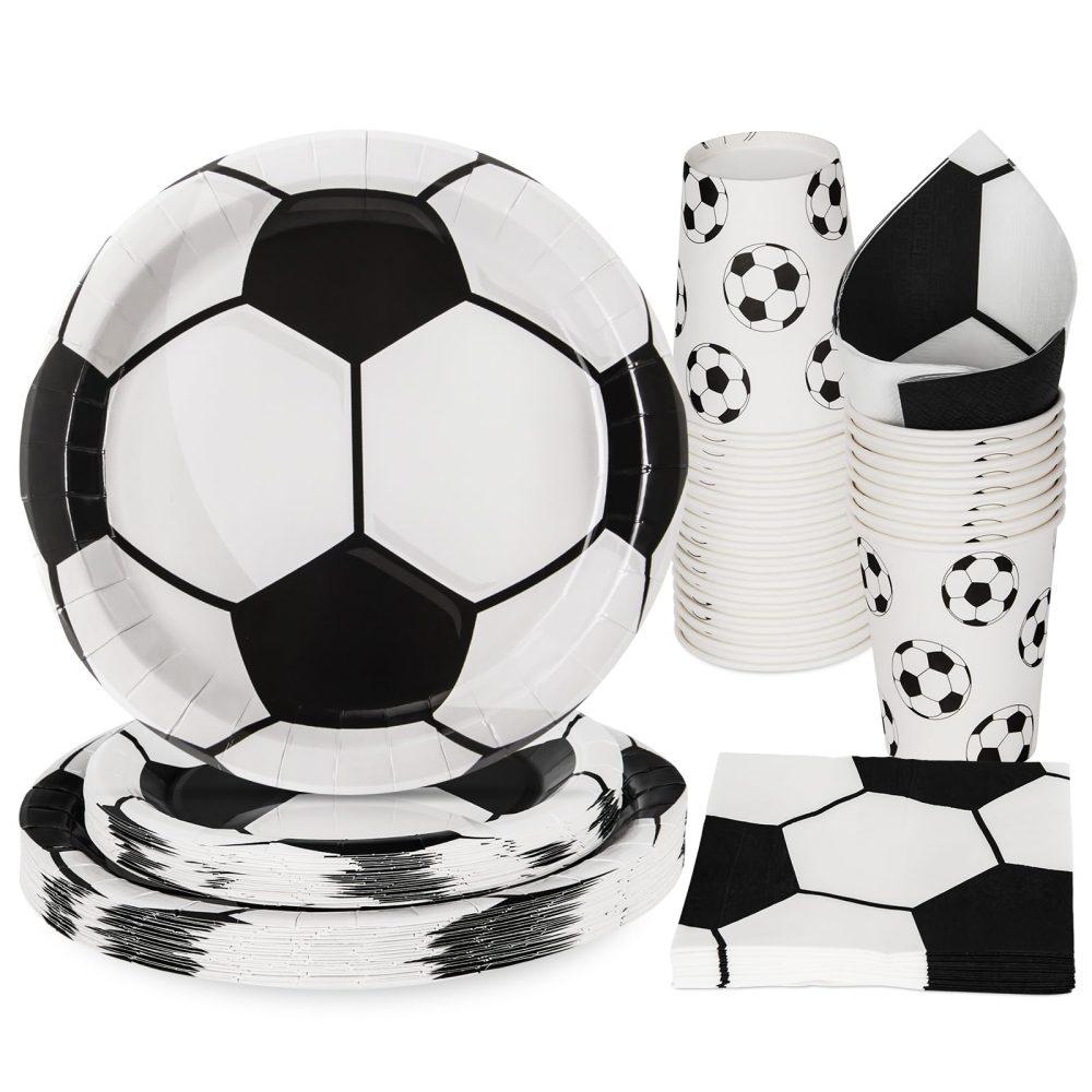 PARTY GO 96 Pcs Football Party Tableware Set, Paper Plates Cups and Napkins, Disposable Dinnerware Party Supplies for Birthday, Black White Football Soccer World Cup Decorations Serve 24 Guests