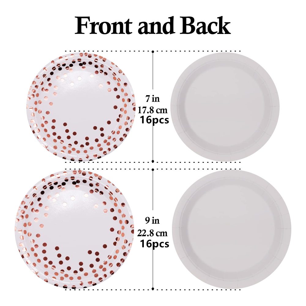 TOPWAYS Dot Rose Gold Birthday Decorations Paper Plates Set, 7'' and 9'' Disposable Paper Dinner Dessert Party Plates Tableware Decorations for Birthday, Wedding Anniversary Picnic, 16pcs Each Size - Image 4