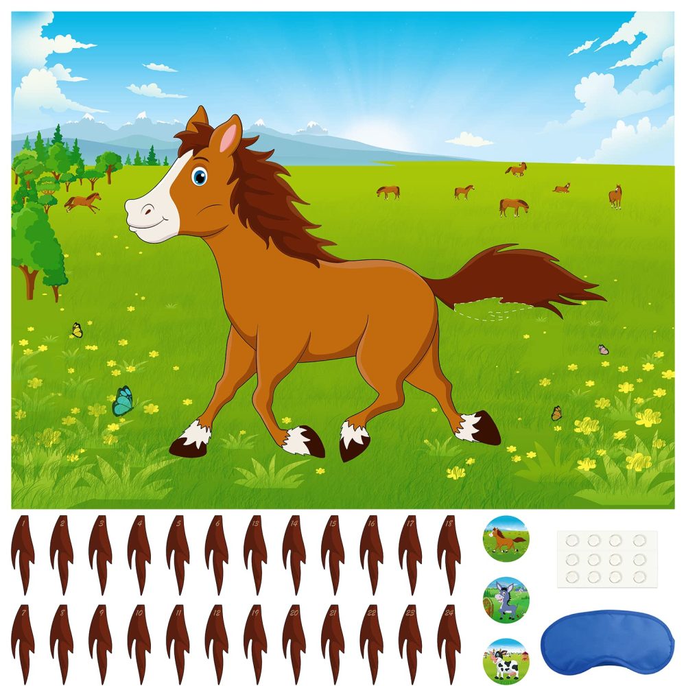 Morcheiong Pin The Tail on The Horse Birthday Game with 48 Tails for Kids Farm Birthday Party Supplies Decorations Favors