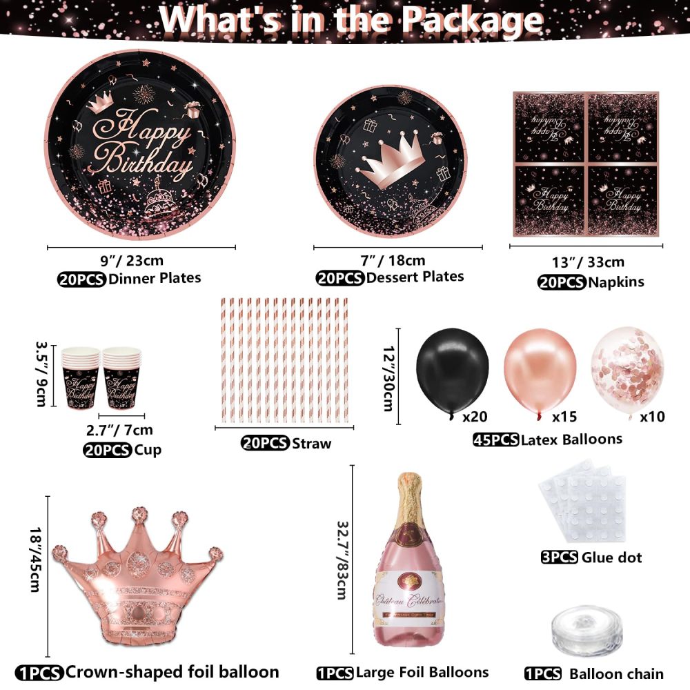 153 PCS Black and Rose Gold Party Decoration Black Rose Gold Dinnerware Set Rose Gold & Black Party Supplies Rose Gold and Black Birthday Party Set-Plates, Backdrop, Balloons, Tablecloth Serves 20 - Image 5