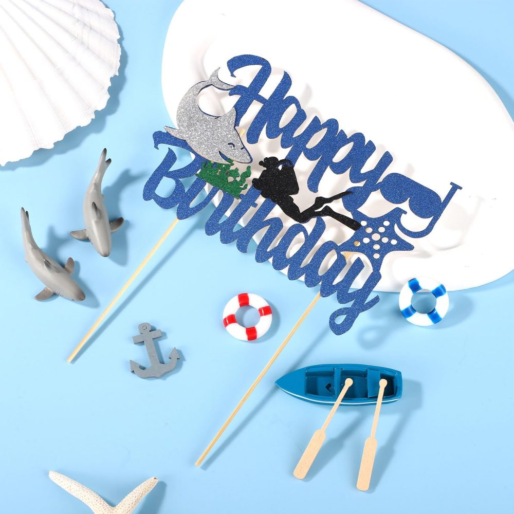 Shark Cake Topper Kit, Beach Baby Shark Cupcake Topper Set Including Shark Figurines Boat Anchor Paddle Life Buoy for Boys Girls Ocean Themed Birthday Party Under The Sea Fish Decorations Supplies - Image 6