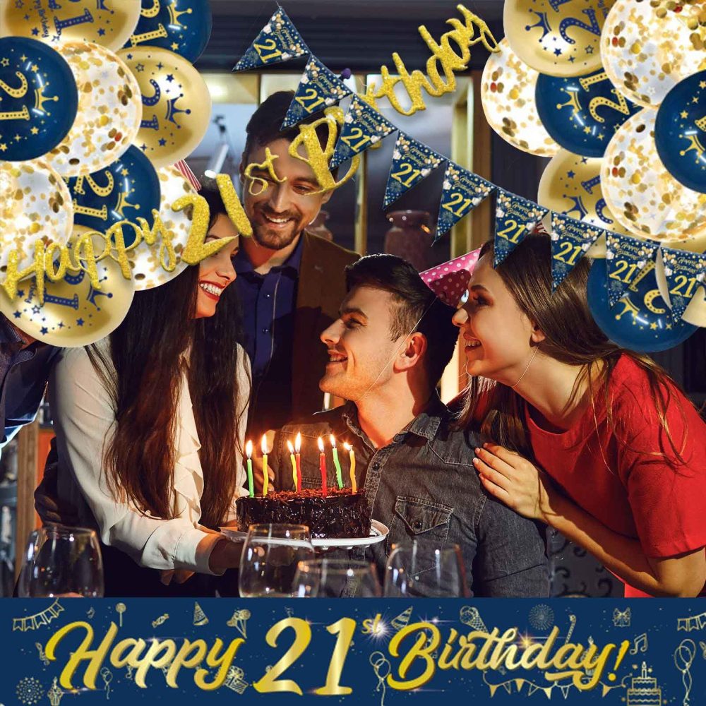 21th Birthday Decorations Kit,Blue Gold Happy 21th Birthday Banner,21th Birthday Balloons,Blue Gold Latex Balloons Party Decorations for men 21th Birthday Party Supplies (21th Birthday) - Image 5