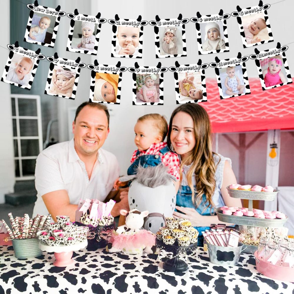 JOYMEMO 13PCs Cow Photo Banner - 1st Birthday Baby Photo Banner for Newborn to 12 Months, Cow Print Birthday Party Decorations, Farm Barnyard Cowboy Cowgirl First Birthday Party Supplies - Image 6