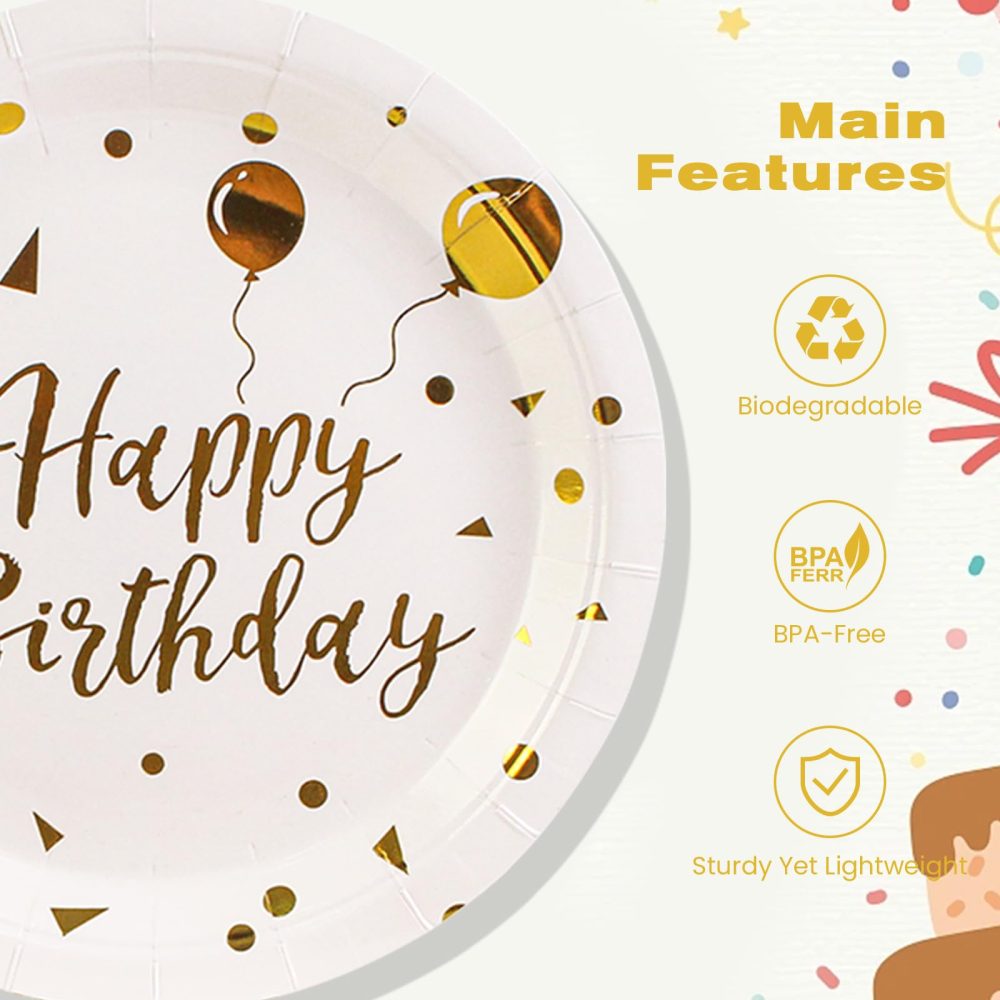 BOKFJBP 50 Pack Happy Birthday Party Paper Plates, 7 inch White and Gold Paper Plates, White Paper Plates Small Paper Plates Tableware for White and Gold Birthday Decorations - Image 6