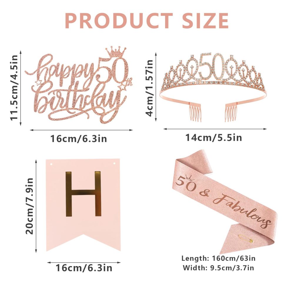 Iridsmole Rose Gold 50th Birthday Decorations for Women, 50th Birthday Sash and Tiara Rhinestone Crown, Rose Gold Happy Birthday Banner, Happy 50 Birthday Cake Topper for 50th Birthday Party Supplies - Image 5