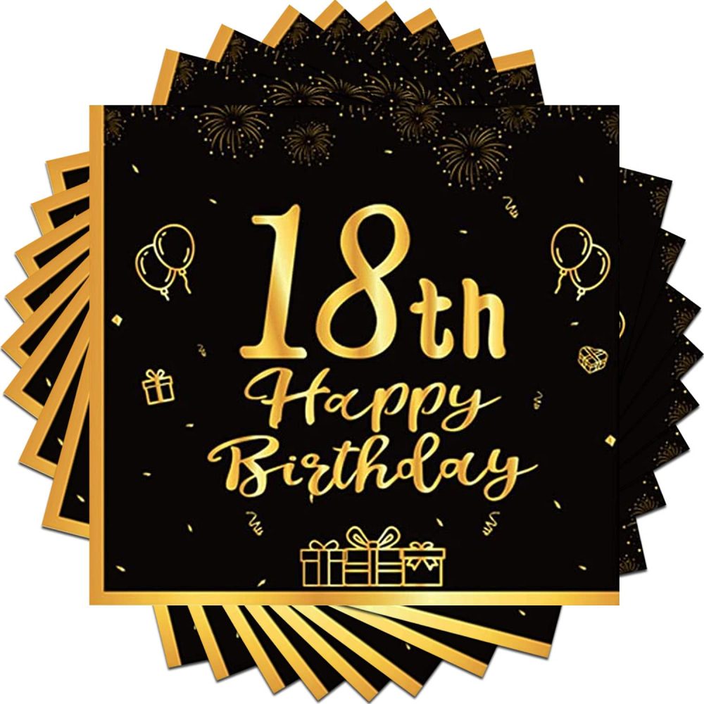 24 Pcs Birthday Napkins, Happy 18th Birthday Decorations Paper Tissues Black and Gold Birthday Napkins Glitter Disposable Party Napkins for Women,Men,Him,Her 18th Birthday Party Supplies Decoration