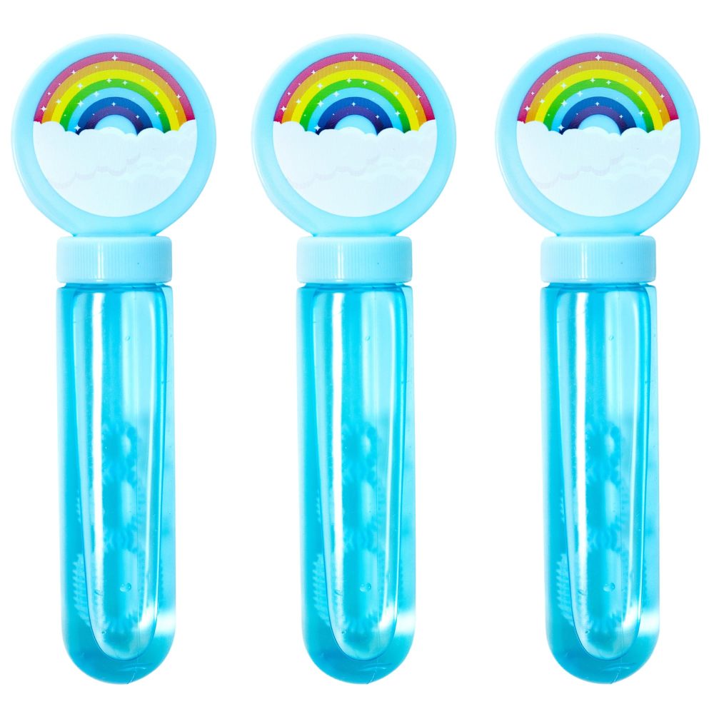 Toyseum 24 x Rainbow Bubble Wands, Ideal Party Bag Fillers for Kids, Large 3-Holed Wands for Girls Rainbow Themed Birthday Parties, Fun Favours and Goody Bag Fillers, Long Lasting Solution, Pack of 24