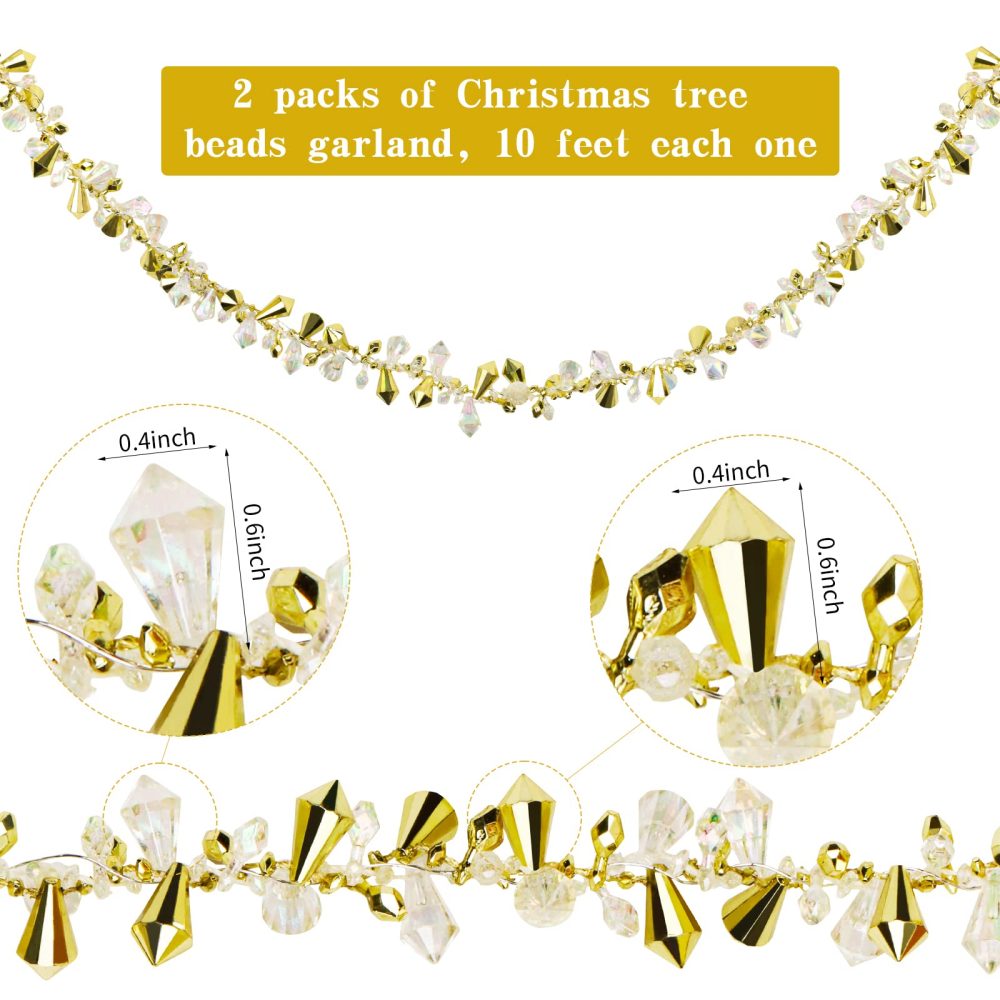 Fowecelt Christmas Tree Beads Garland - 20 Feet Clear Crystal Acrylic Iridescent, Gold Bead Garland for Christmas Tree, Twist Bead String Hanging Beads for Wedding Party Decoration - Image 6