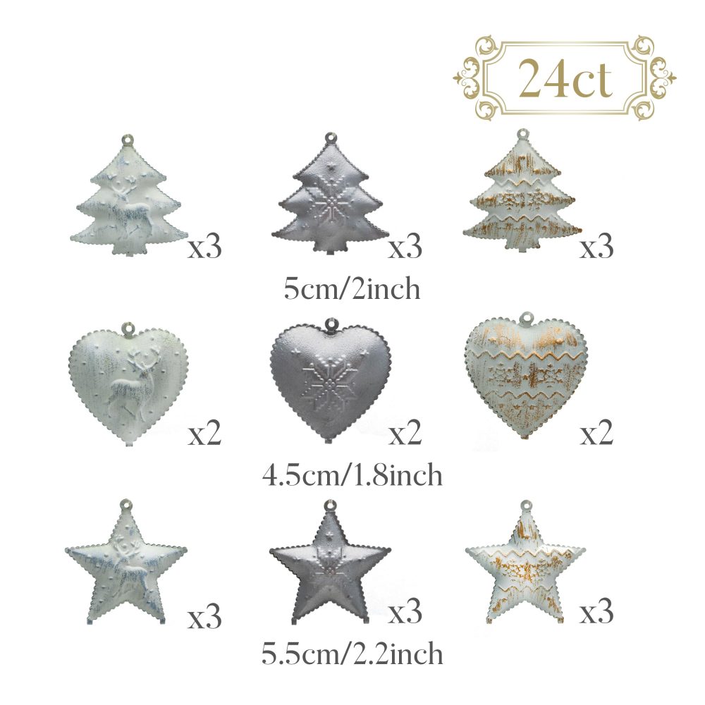 Valery Madelyn 24pcs Frozen Winter Silver and Cream Christmas Tree Decorations, Metal Christmas Jingle Bells, Xmas Hanging Pendants Ornaments with Heart-shaped, Star and Tree Patterns - Image 5