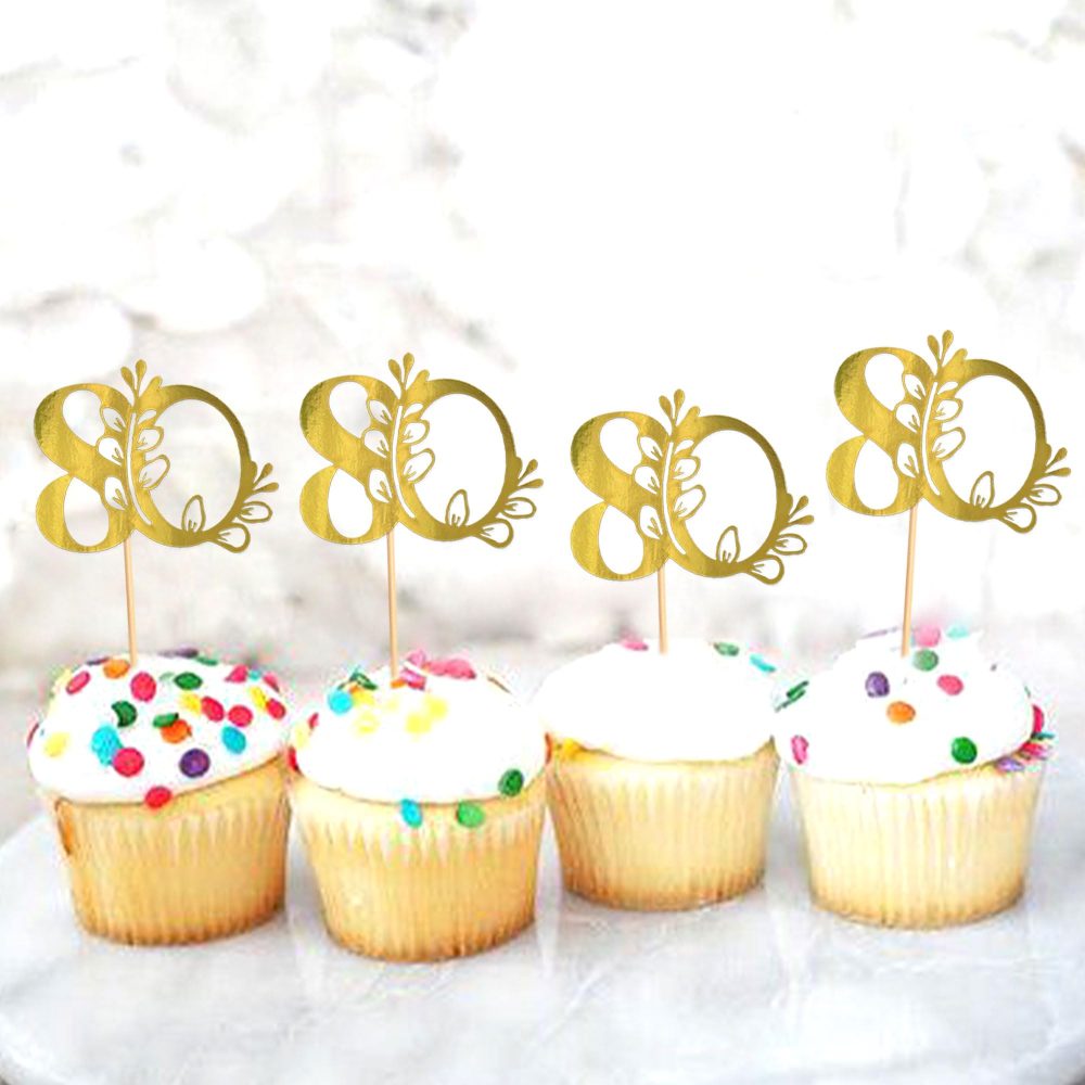 Blumomon 24Pcs 80th Happy Birthday Cupcake Toppers Happy 80 Cupcake Topper Cheers to 80 Cake Decoration 80th Birthday Party Decoration 80th Anniversary Cake Decoration（Gold） - Image 3