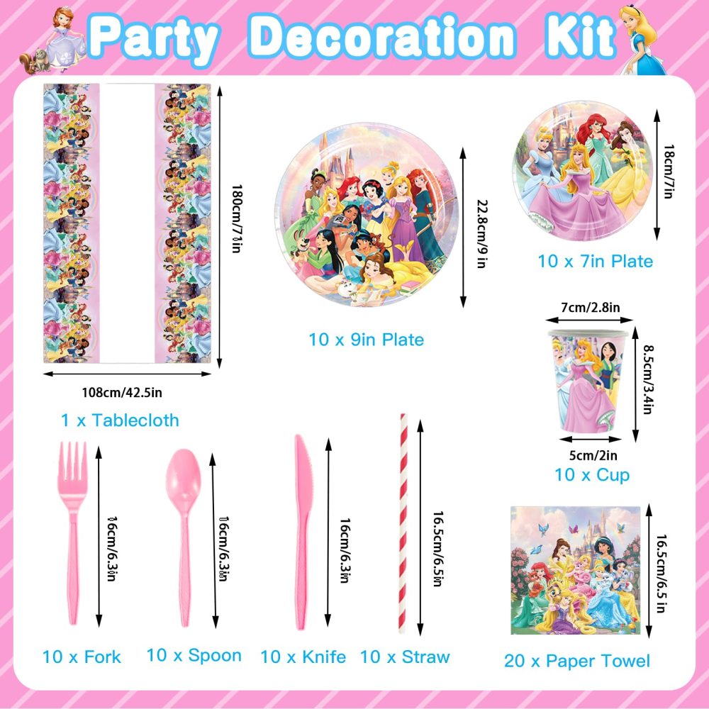 Princess Birthday Party Supplies Set 137Pcs Girls Princess Birthday Tableware Including Happy Birthday Backdrop Plate Balloons Napkins Tablecloth, Princess Theme Party Decorations for 10 People - Image 6