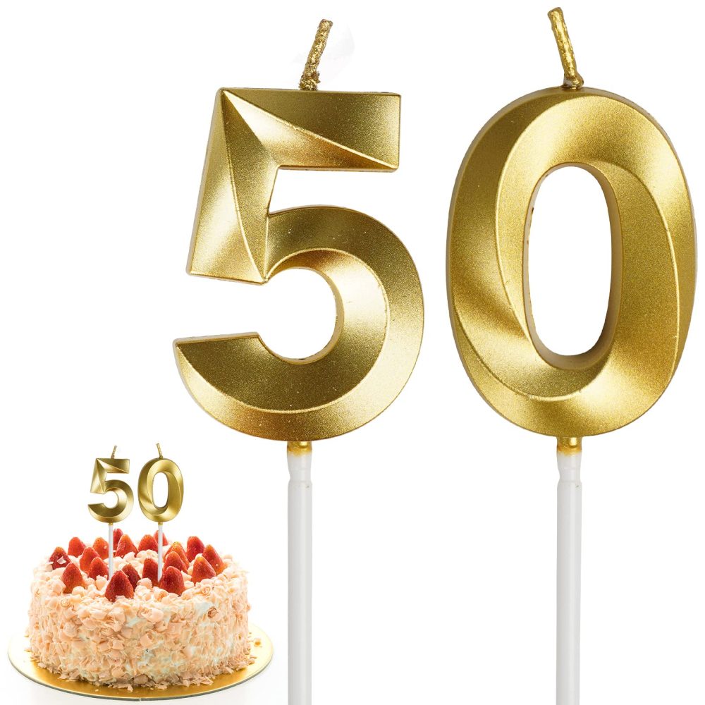 AIBAOBAO 50th Birthday Candles, Gold 3D Candles, Number 50th Cake Topper, 50th Decoration Birthday, 50th Candles for Birthday Wedding Anniversary Celebration Supplies