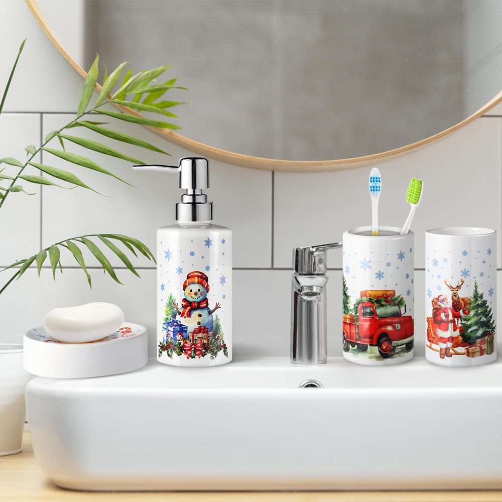 Christmas Bathroom Decor Sets of 4 Bathroom Accessories Sets Complete Christmas Snowman Merry Christmas Toothbrush Holder Soap Dispenser Soap Dish Bathroom Tumbler (Christmas) - Image 6