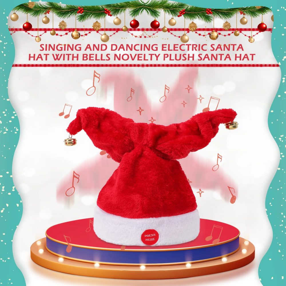 Gfilay Music Swinging Electric Christmas Hat Dancing Bells Plush Singing and Dancing Electric Santa Hat Interactive Musical Christmas Hat for Adults Kids Gift Funny Christmas Decor,27" - Image 7