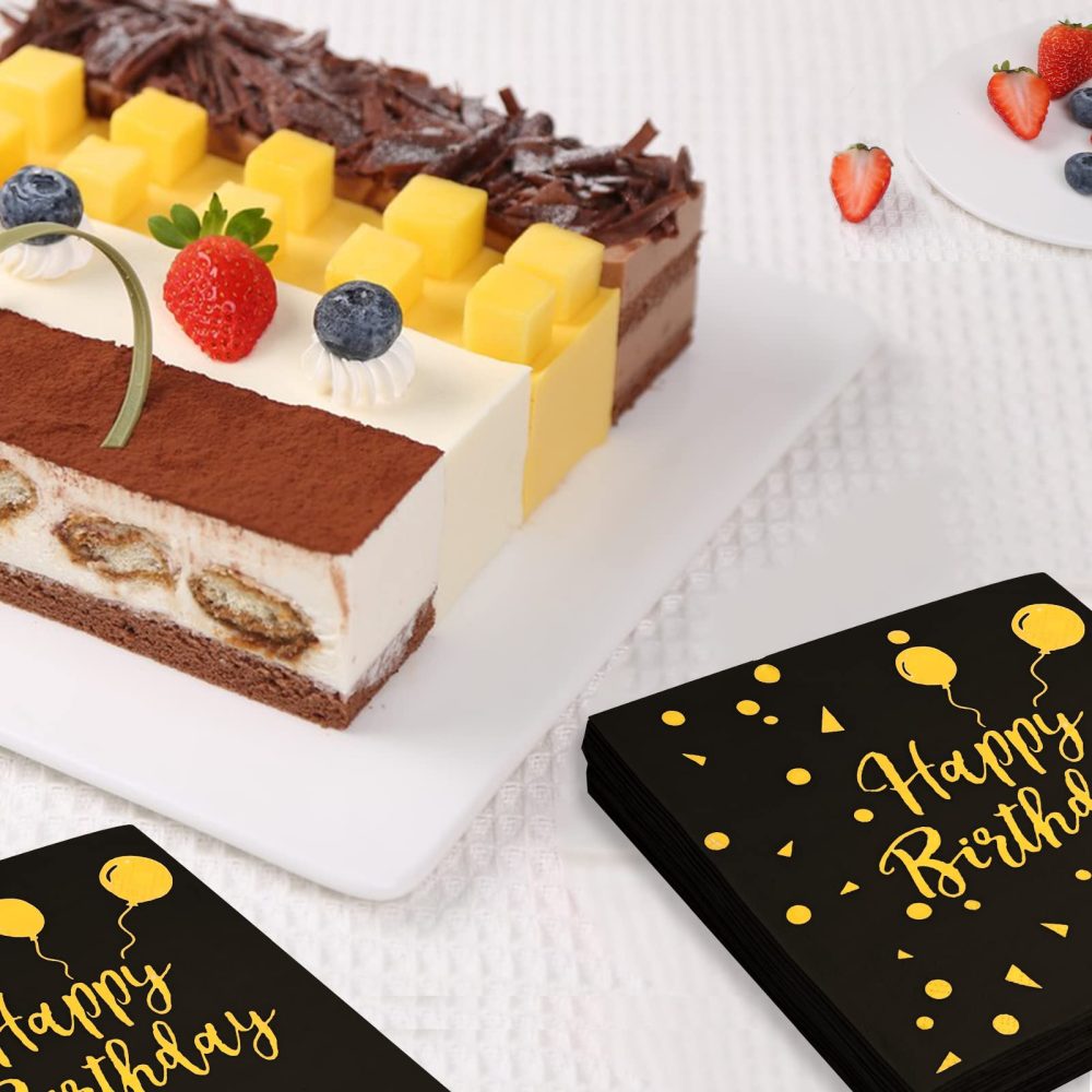 40Pcs Happy Birthday Napkins Black and Gold Party Napkins Birthday Paper Napkins Disposable Black Birthday Napkins Birthday Cocktail Napkins Gold Foil Napkins Birthday Serviettes Napkins for Women Men - Image 5