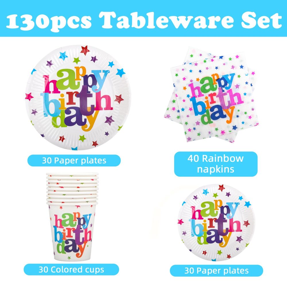 Fowecelt Birthday Party Plates Cups Napkins 130 pcs Rainbow Party Tableware Paper Plates Cups and Napkins Set for Kids Party Rainbow Birthday Party Supplies Decorations for 30 Guests - Image 9