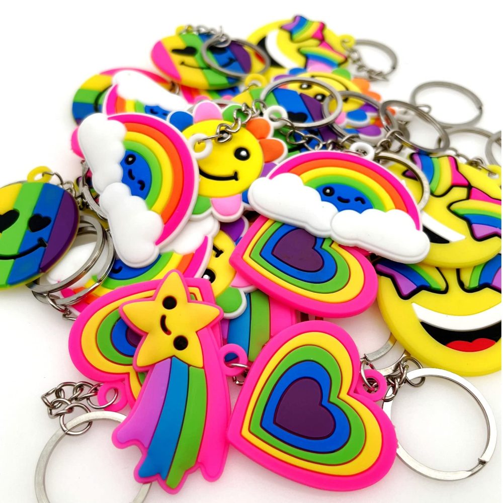 JZK 30 Pcs Rainbow keyrings set for kids, rubber smile face keychains for children birthday party favours, kids party bag fillers, kids party thankyou gift giveaway gifts - Image 3