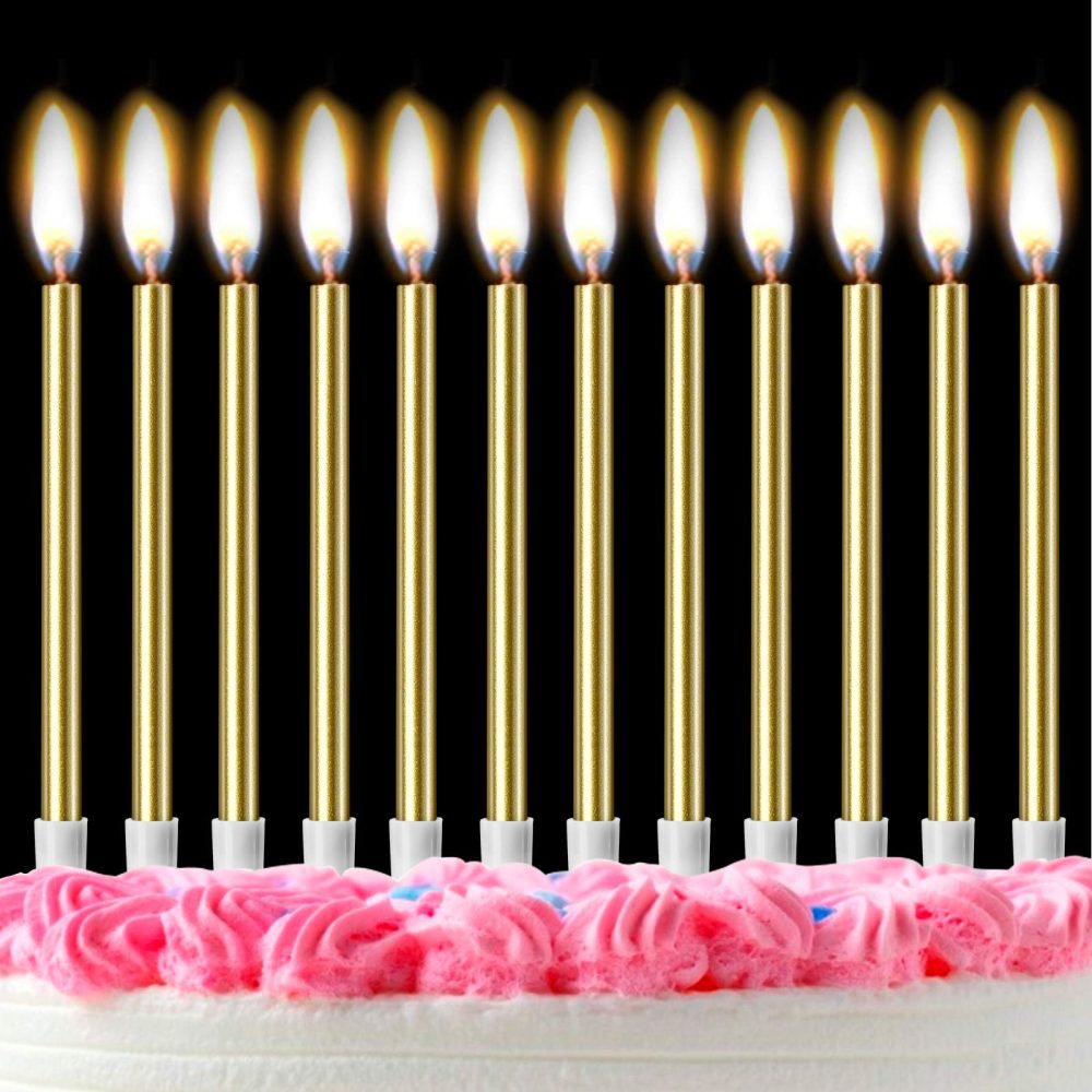 12PCS Birthday Candles with Real Flames Party Supplies for Cakes Sparkler Candles for Birthday Dinner Party (Gold)