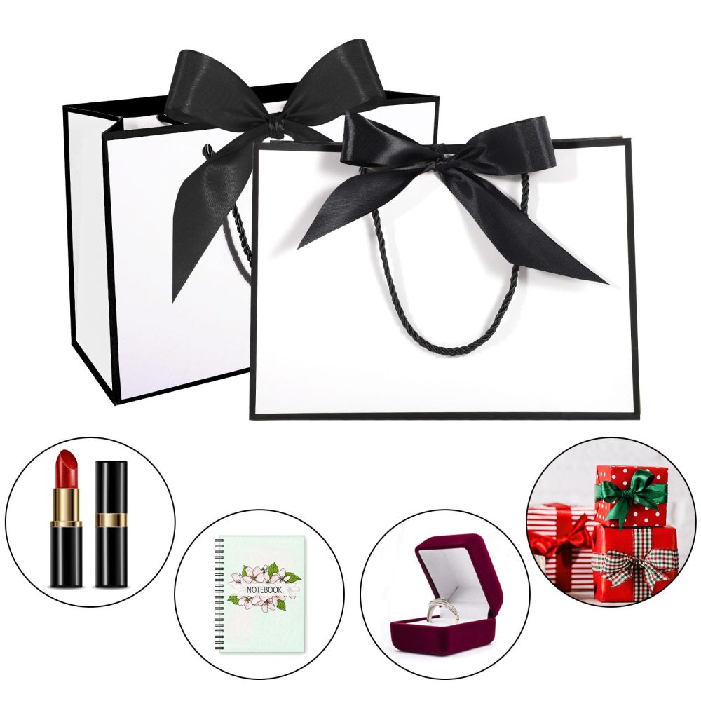 HuaJiao 4Pcs Gift Bags, Medium Present Bag Gift Wrapping Bag with Bow Ribbon Tissue Paper and Cards Gift Bag for Birthday Wedding Party 28x10x20cm (Black Edge) - Image 5