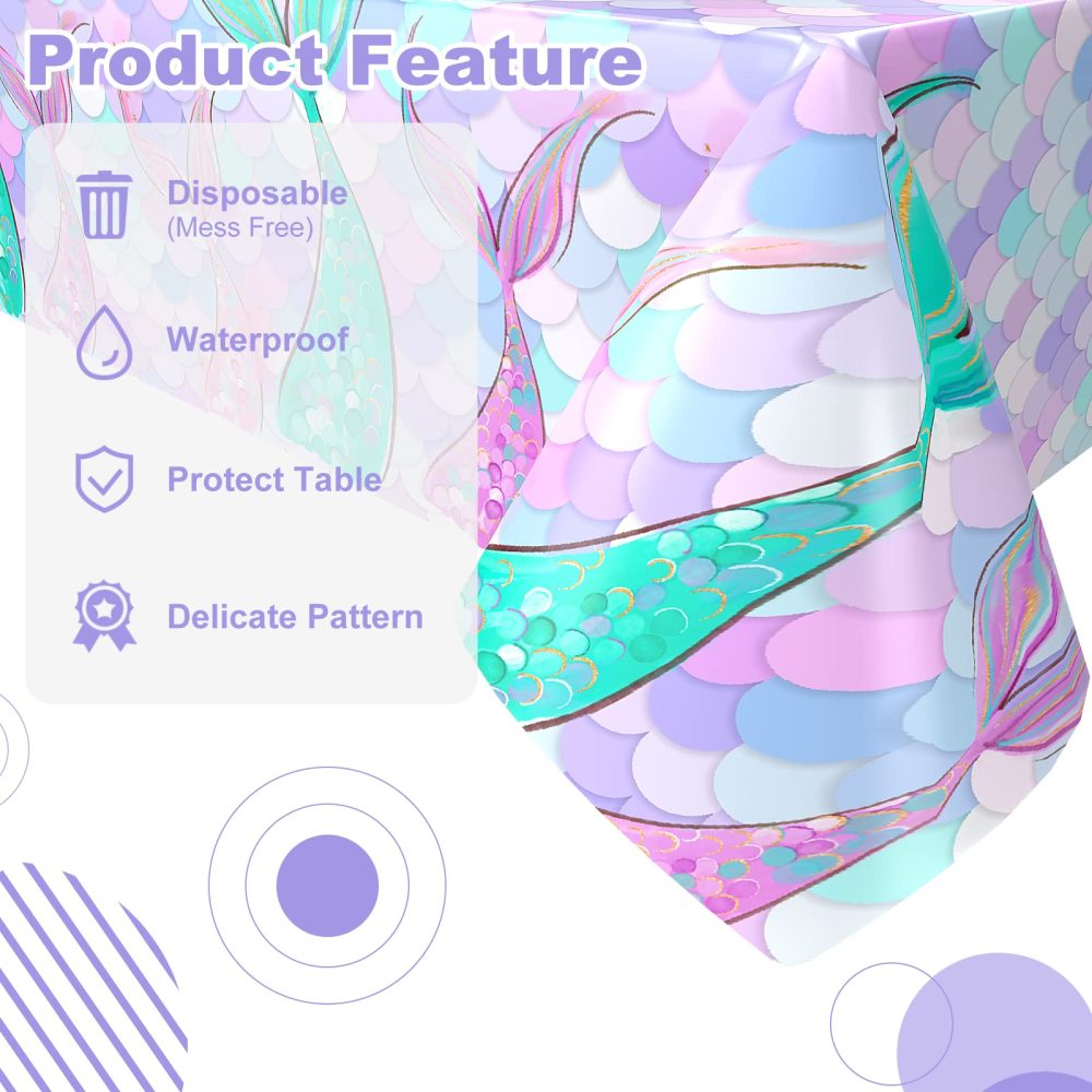Paready 1 Pack Mermaid Tablecloth, Mermaid Table Cloths for Parties, Mermaids Table Cover for Girls Princess Birthday, Baby Shower Tablecloths for Kids Girl Sea Themed Party Supplies, 54" x 108" - Image 6