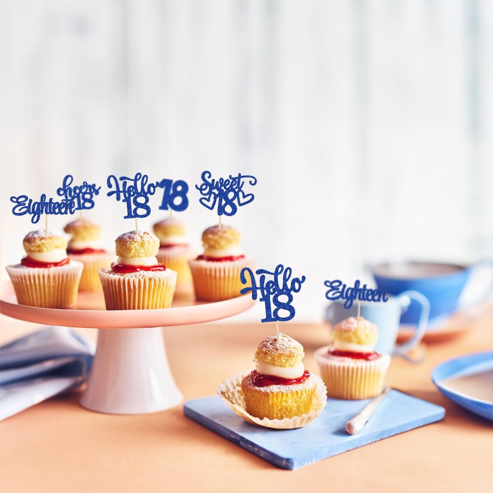 30Pcs18th Birthday Cupcake Toppers Eighteen Happy 18th Cupcake Picks Sweet 18 Cheers to 18 Cake Decorations for 18th Birthday Anniversary Party Supplies Deep Blue Glitter - Image 2