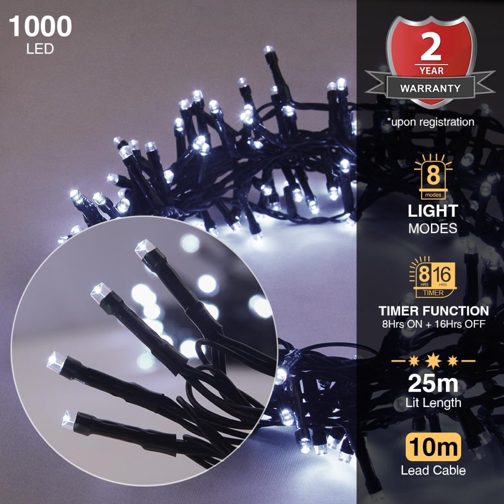 ANSIO® Christmas Lights 1000 LED 25m/82ft Cluster Compact Christmas Tree Lights for Indoor & Outdoor - Cool White Decorations Fairy Lights with Timer for Xmas Garden & Party - Image 6