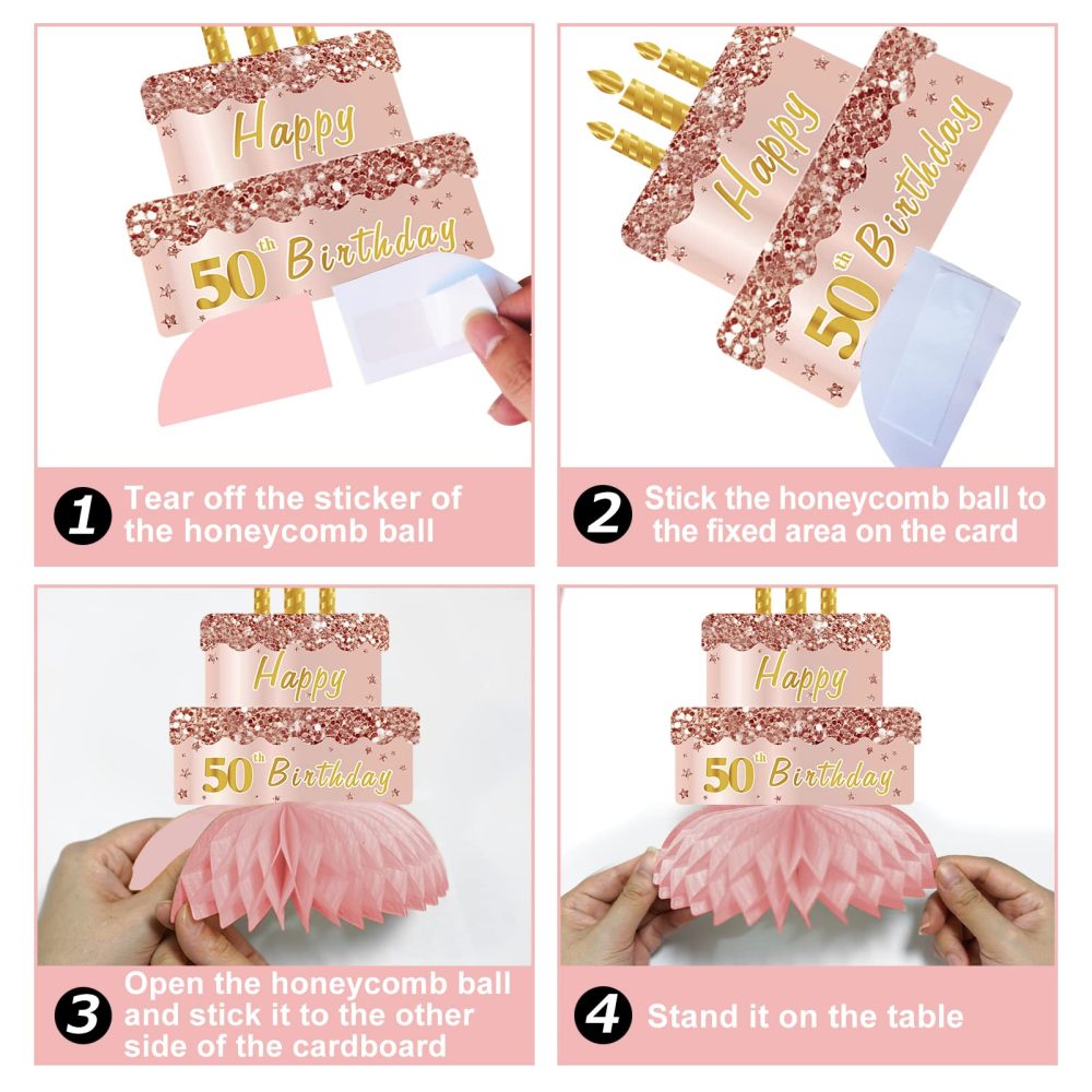 Turypaty Pink Rose Gold 50th Birthday Honeycomb Centerpieces Decorations for Women, 9Pcs Rose Gold Happy 50th Birthday Table Centerpieces Party Supplies, Fifty Year Old Birthday Table Toppers - Image 2