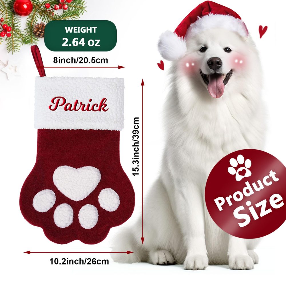 Jodimitty Pet Personalized Christmas Stockings 15"/39cm Large Cloth Christmas Stocking Embroidered Name, Cute Paw Shape Stocking for Family Pet, Christmas Tree Fireplace Decorations - Image 7