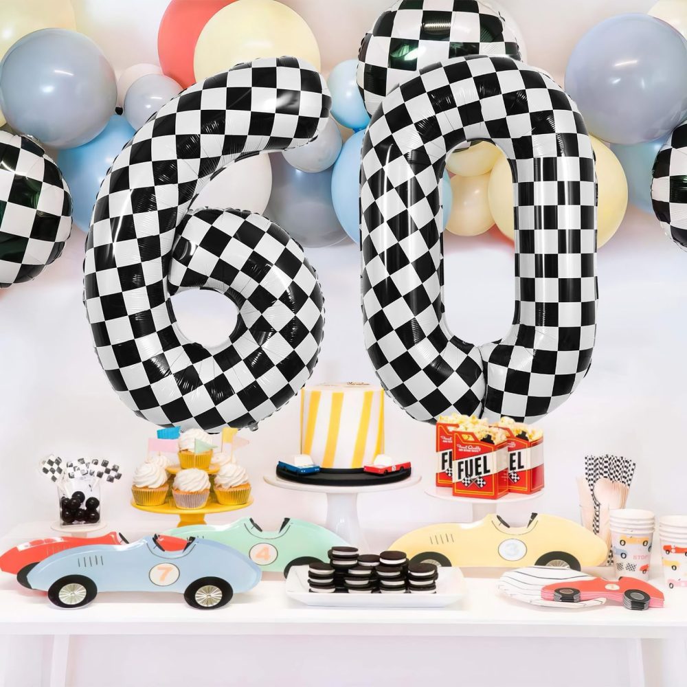 TNYKER Checkered Number 60 Balloon, Black and White 60th Birthday Balloons Foil Helium Checkered Flag Balloons, 40 Inch Racing 60 Balloon for Men 60th Racing Themed Birthday Party Decorations Supplies - Image 3