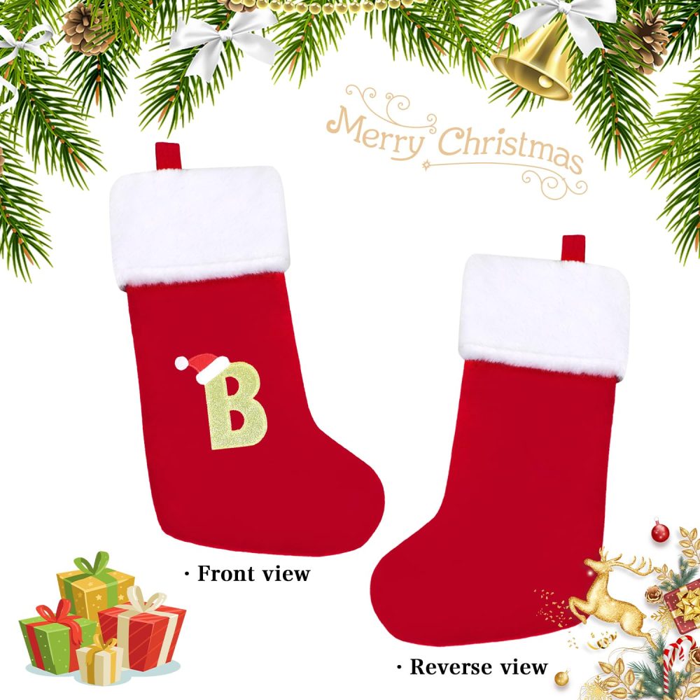 SULOLI 20 Inches Monogram Christmas Stockings with Letters,Super Soft Plush Christmas Stockings Large Embroidered Stockings Red Letter Stockings for Christmas Holiday Xmas Gift(B) - Image 6
