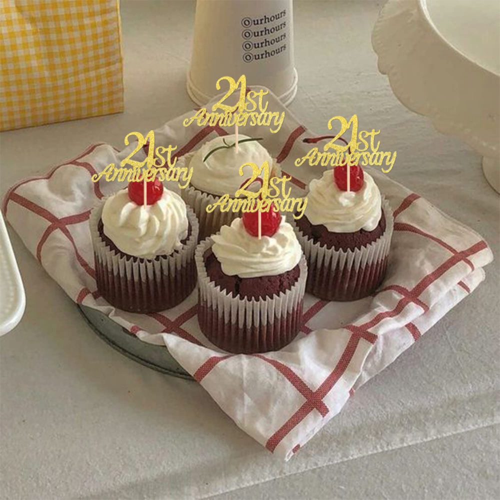 Pack of 24 21 Anniversary Cupcake Toppers Glitter "Happy 21th Anniversary" Cake Toppers Number 21 Eightteen Sweet 21 Birthday Wedding Anniversary Party Cake Decorations Accessories Gold - Image 4