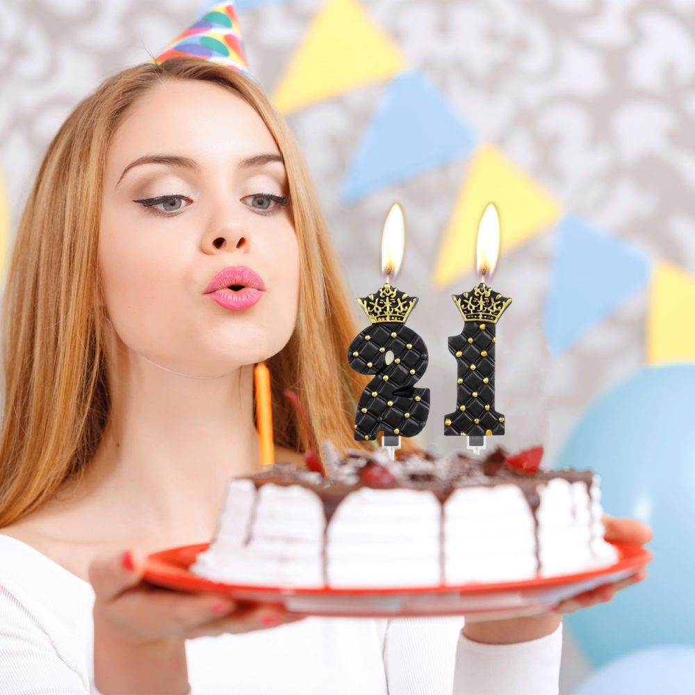 3D Diamond Crown Black and Gold Number 21 Candle, Elegant and Beautiful Happy Birthday Cake Topper for Adult/Children's Party/Home Baking Decoration and Holiday Celebration (3.34inche Number 21 black) - Image 4