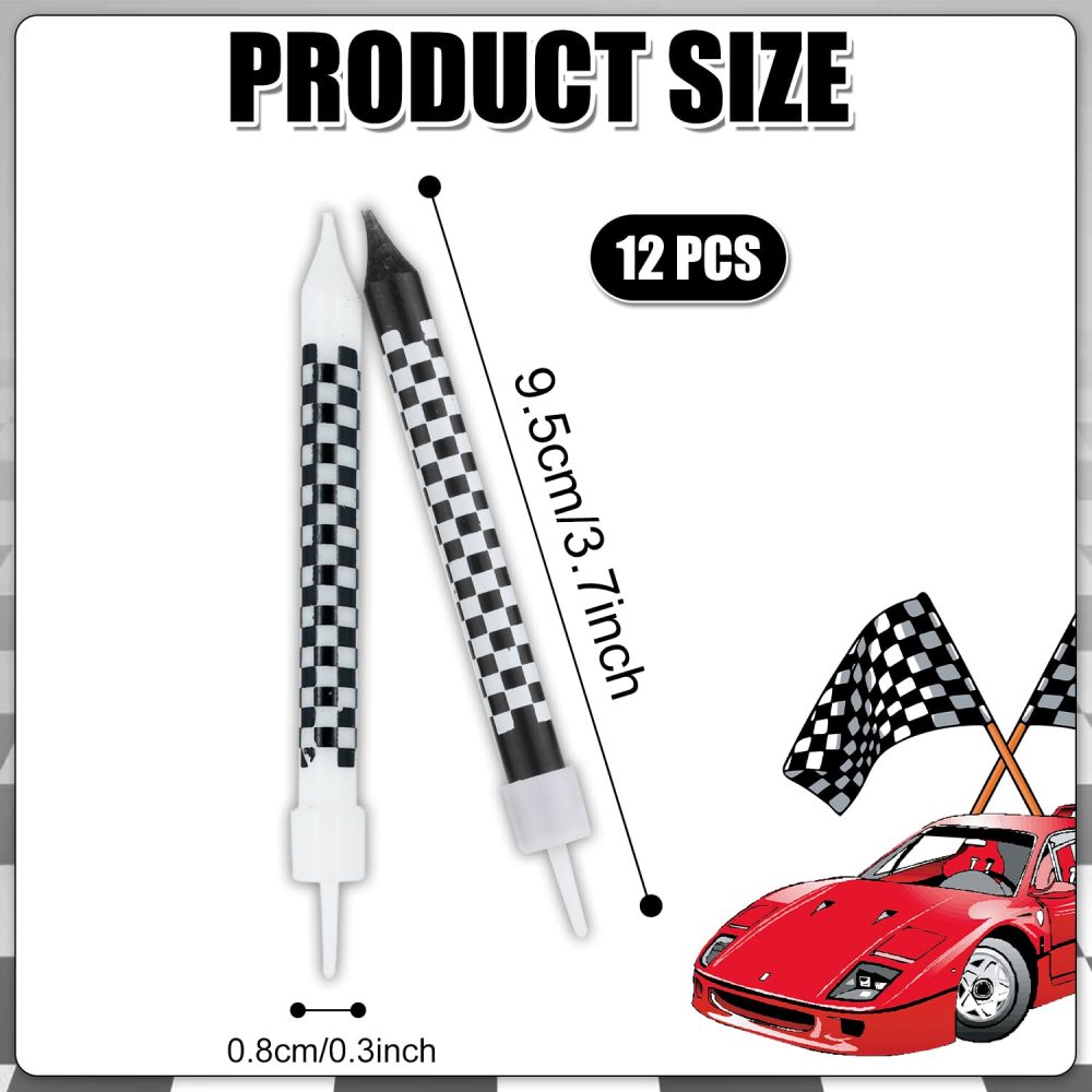 12pcs Racing Cars Themed Birthday Candles, Black and White Birthday Checkered Candles Cake Topper Candle for Racing Car Party Birthday Party Baby Shower Favors - Image 7