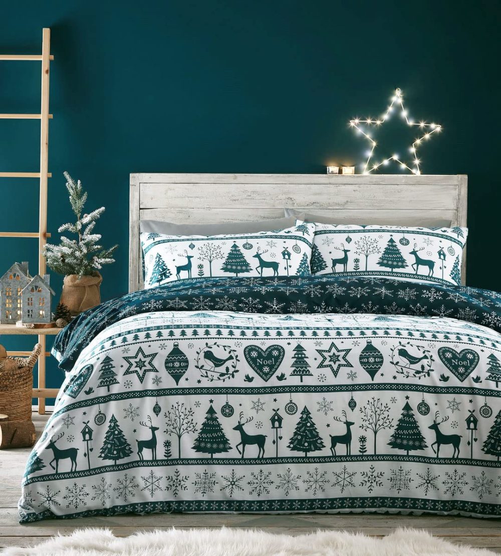 HOMEMAKER BEDDING Christmas Duvet Set Teal White Reindeer Stag Hearts Xmas Trees Festive Quilt Cover (Single)