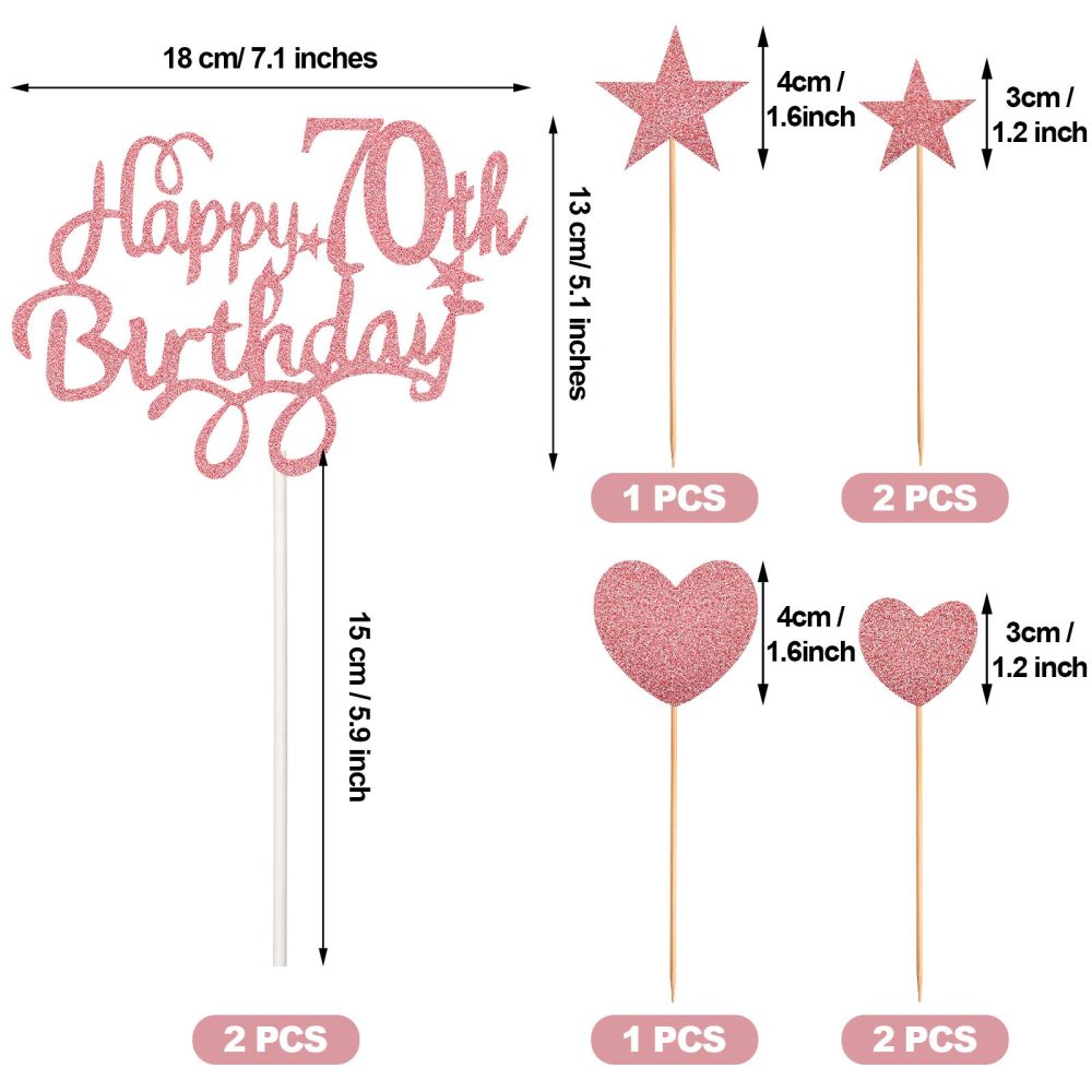 Boao Cake Topper Set, Happy 70th Birthday Cake Topper with Heart Star Cupcake Picks Glitter Cake Decoration for Birthday Party Cake Supplies, Rose Gold - Image 7