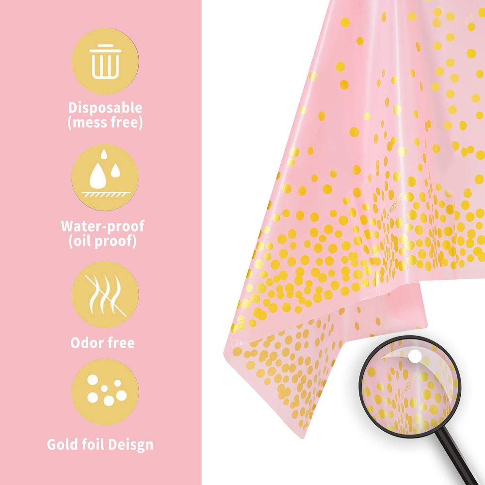 2 Pack Pink and Gold Party Tablecloth for Rectangle Table, Gold Dot Confetti Rectangular Table Cover, for Birthday Party, Bachelorette, Girl Birthday and Baby Shower, Bridal Shower, 137cm x 274cm - Image 6