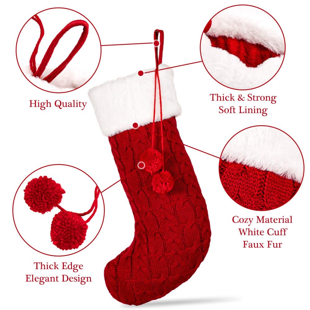 Whaline Knitted Christmas Stockings Large Size Xmas Hanging Stocking Red White Cable Knit Stocking Candy Gift Bags with Pompom for Family Christmas Holiday Decoration, 2 Pack - Image 8