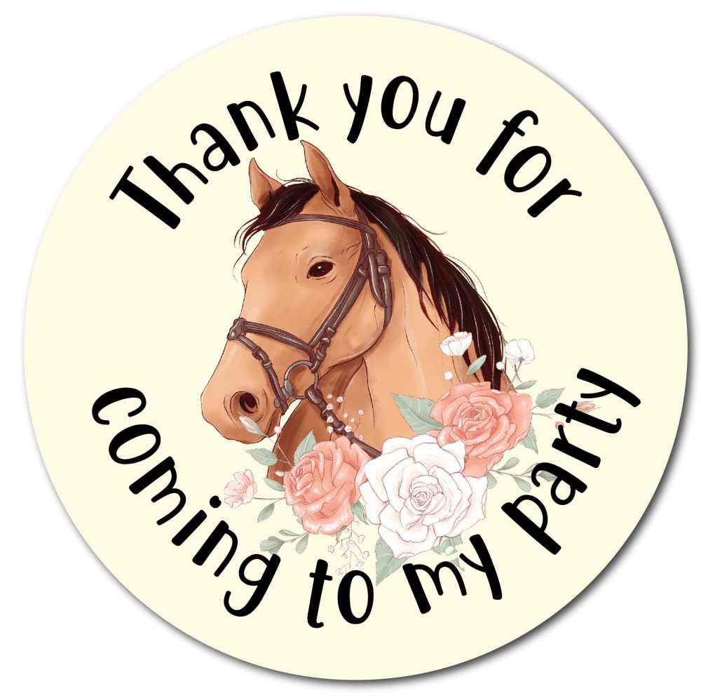 40mm Horse Thank You for Coming to My Party Round Birthday Horse Riding Stickers (24 x Stickers)