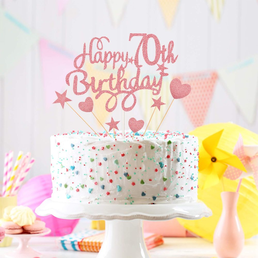 Boao Cake Topper Set, Happy 70th Birthday Cake Topper with Heart Star Cupcake Picks Glitter Cake Decoration for Birthday Party Cake Supplies, Rose Gold - Image 4