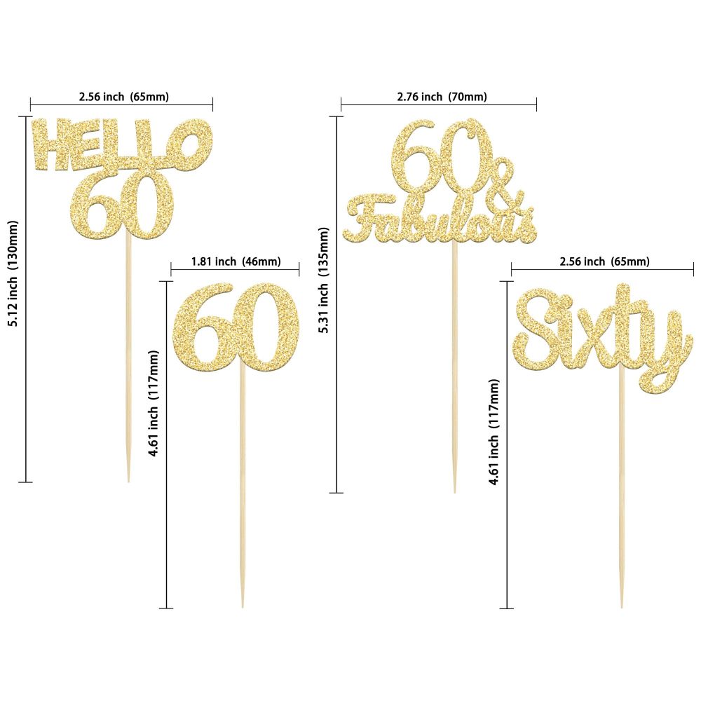 Gyufise 24Pcs Gold Glitter 60th Birthday Cupcake Toppers Hello 60 Sixty Cake Toppers 60 & Fabulous Cupcake Picks 60th Birthday Cake Decorations Supplies - Image 9