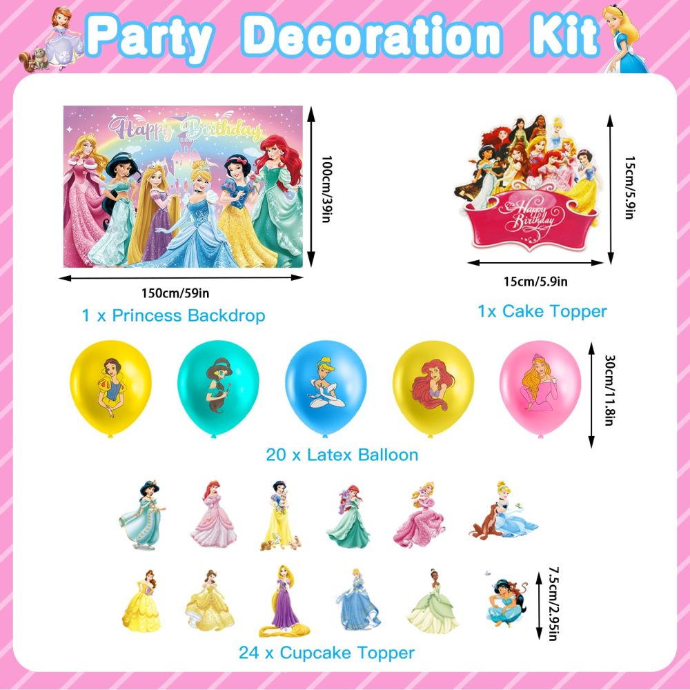 Princess Birthday Party Supplies Set 137Pcs Girls Princess Birthday Tableware Including Happy Birthday Backdrop Plate Balloons Napkins Tablecloth, Princess Theme Party Decorations for 10 People - Image 5