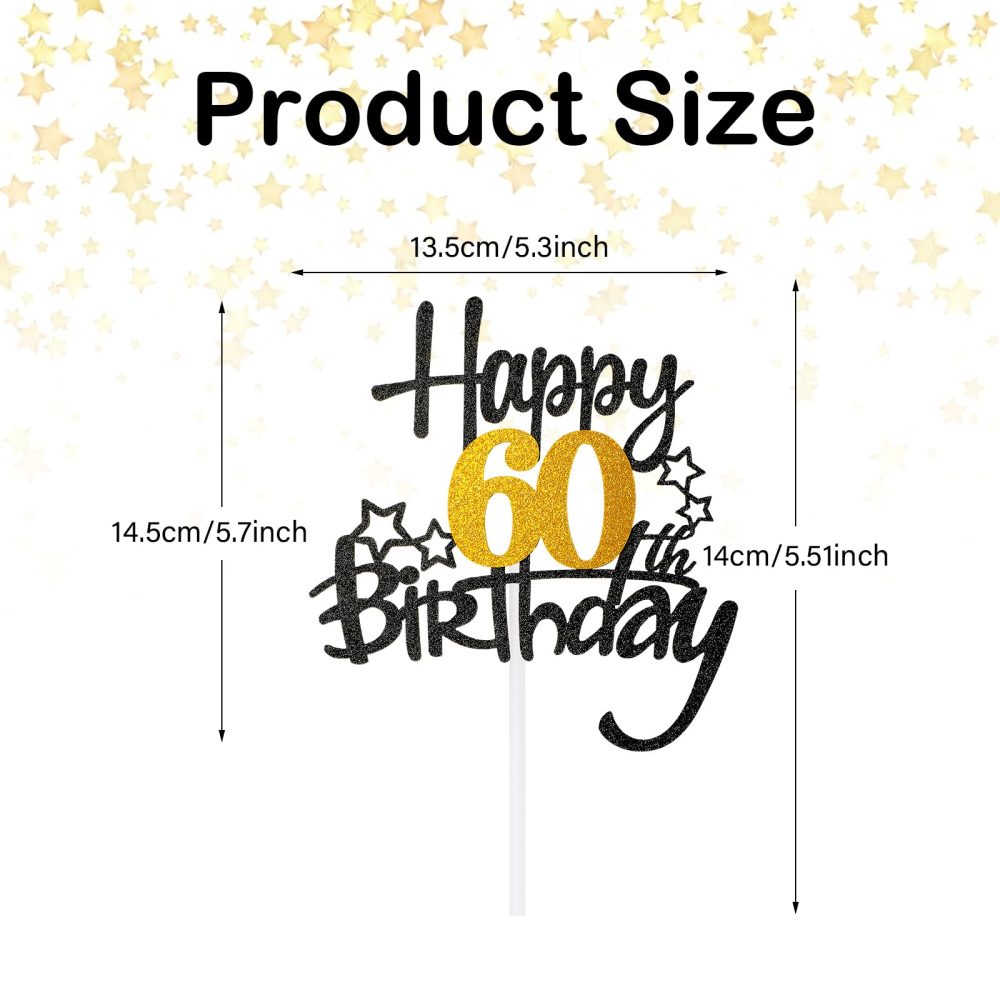 DSLSQD 1Pc Happy 60th Birthday Cake Topper, Black Gold Glitter Cheers to 60 Years Birthday Cake Pick 60 Fabulous Cake Decoration for Happy 60th Birthday Anniversary Party Supplies(60 th) - Image 7