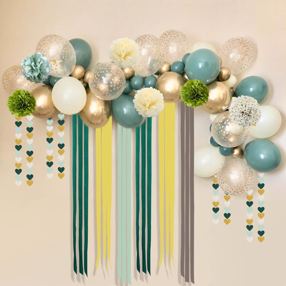 Tissue Paper Pompoms Party Decorations - Green Glod Hanging Paper Flower Balls Decoration with Heart Garland, Pompom Party Decor for Birthday Wedding Anniversary Baby Shower Bridal - Image 2