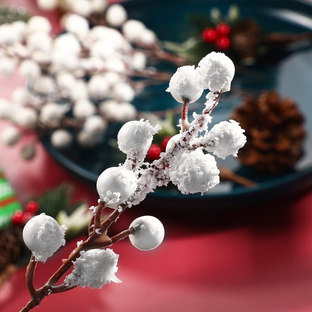 Geosar 30 Pieces Artificial Christmas Berry Picks with Snowflake Glitter Artificial Holly Berry Stems for Christmas Tree Ornaments Vases DIY Crafts Home Wedding Party Holiday Decor(White) - Image 3