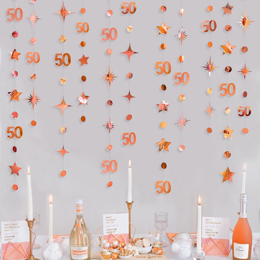 Rose Gold 50th Birthday Decorations Number 50 Circle Dot Twinkle Star Garland Metallic Hanging Streamer Bunting Banner Backdrop for 50 Year Old Birthday Happy 50th Anniversary Fiftieth Party Supplies - Image 3